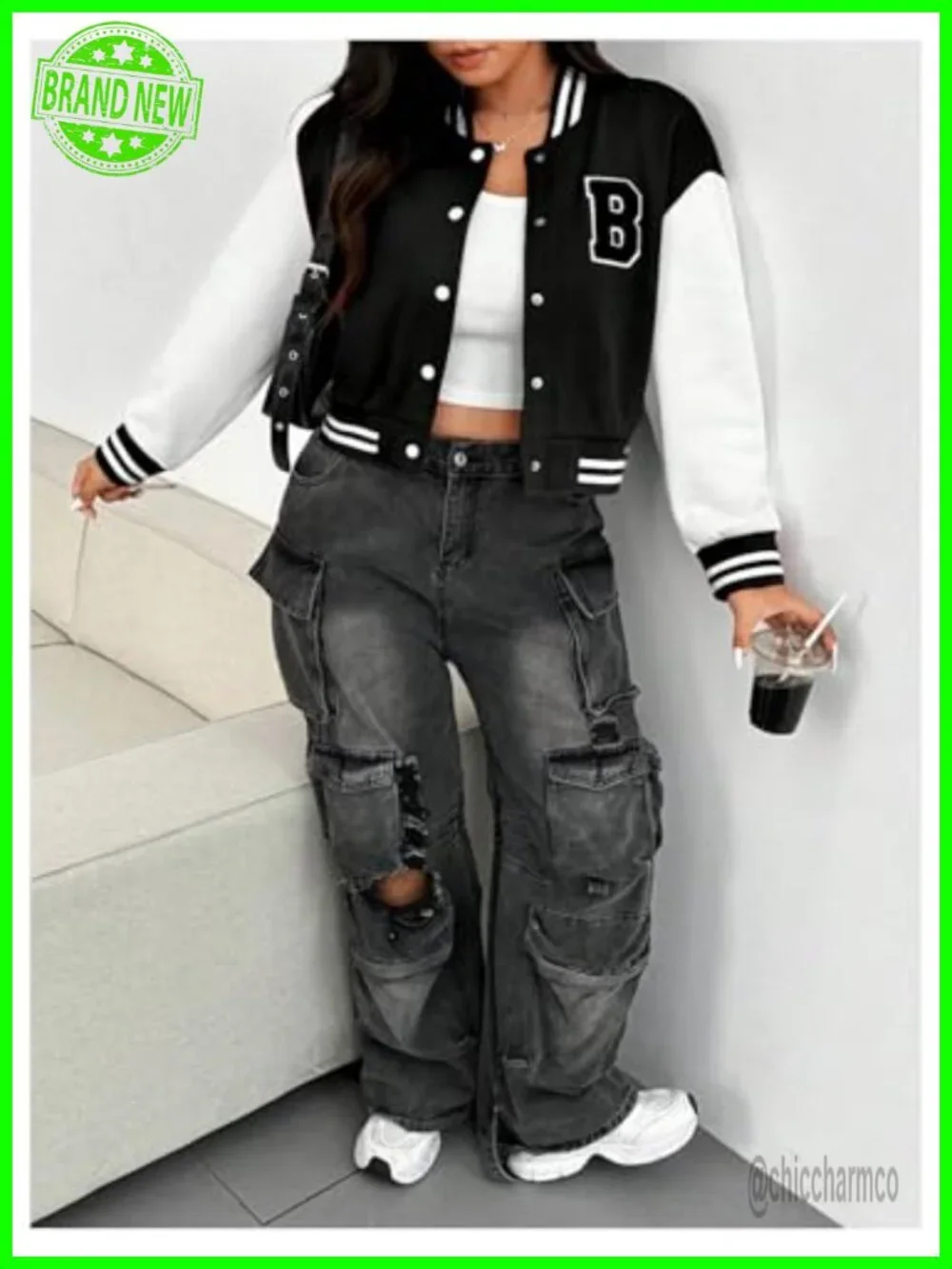 Plus Size Varsity Baseball Jacket Letter Graphic Colorblock Button Down Long